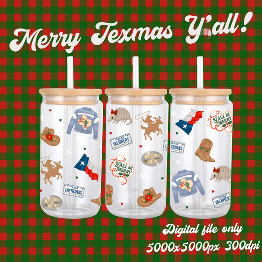 Texas Christmas PNG: Pink Denim 16oz Libbey Can Wrap (Digital Download)