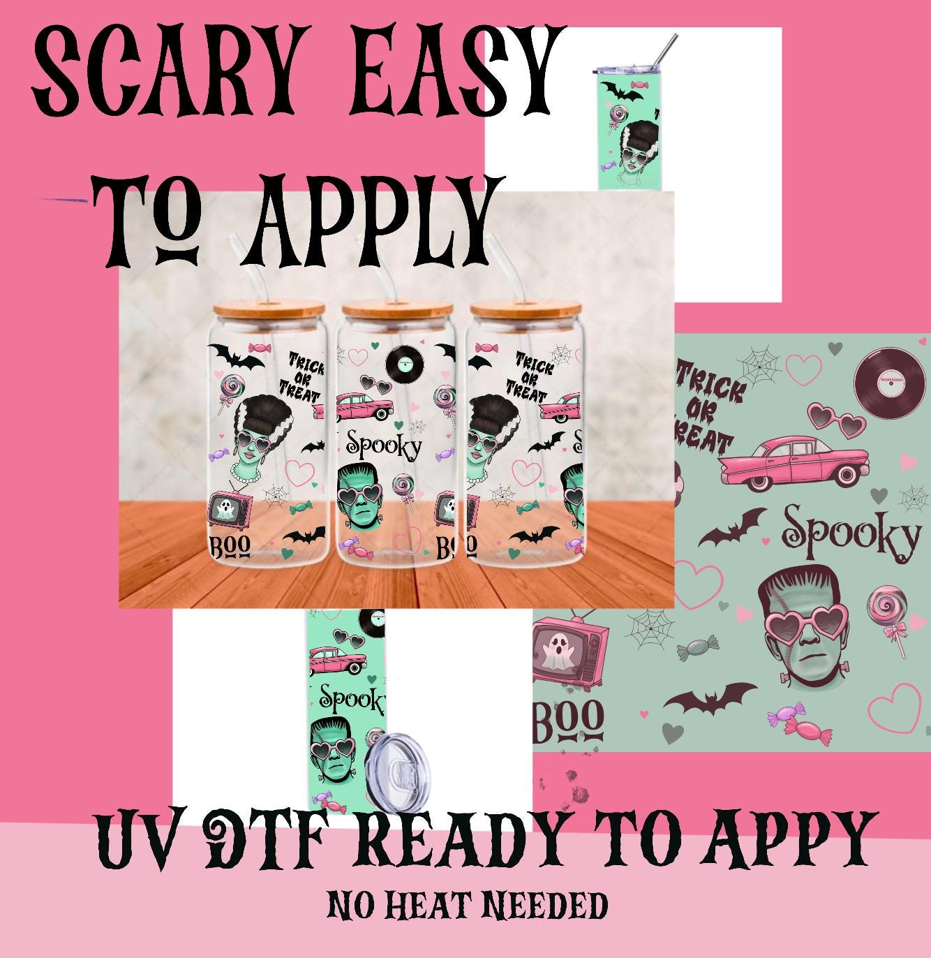 Girlie Halloween UV DTF Cup Wrap Bundle: Glam Goth, Witchy, Retro Designs