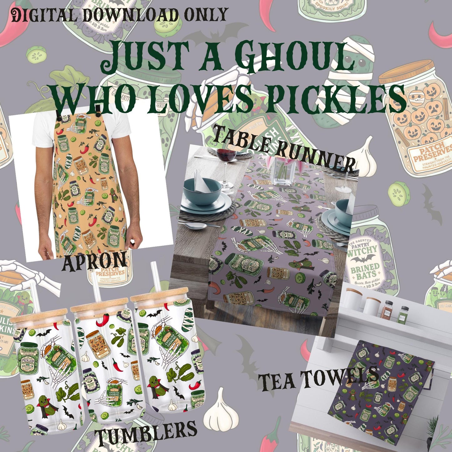 The Haunted Pantry Seamless Halloween Pattern Bundle – 3 color + Transparent | Spooky Cute Digital Download for Stickers, Glass Wrap, Crafts