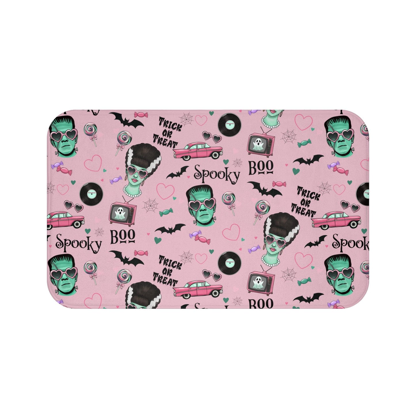 Retro Frankenstein Bath Mat: Pink Halloween Rockabilly Bathroom Decor