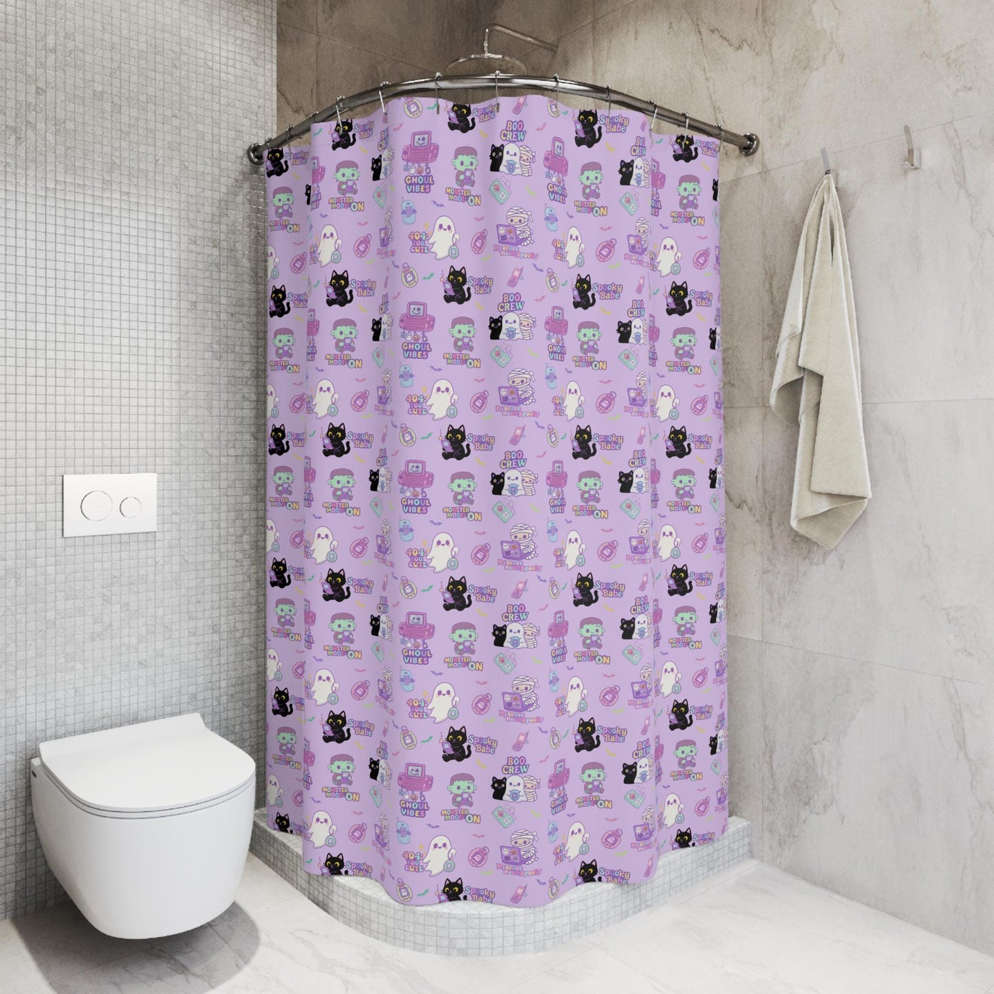 Kawaii Halloween Shower Curtain: Y2K Retro Tech Pastel Print