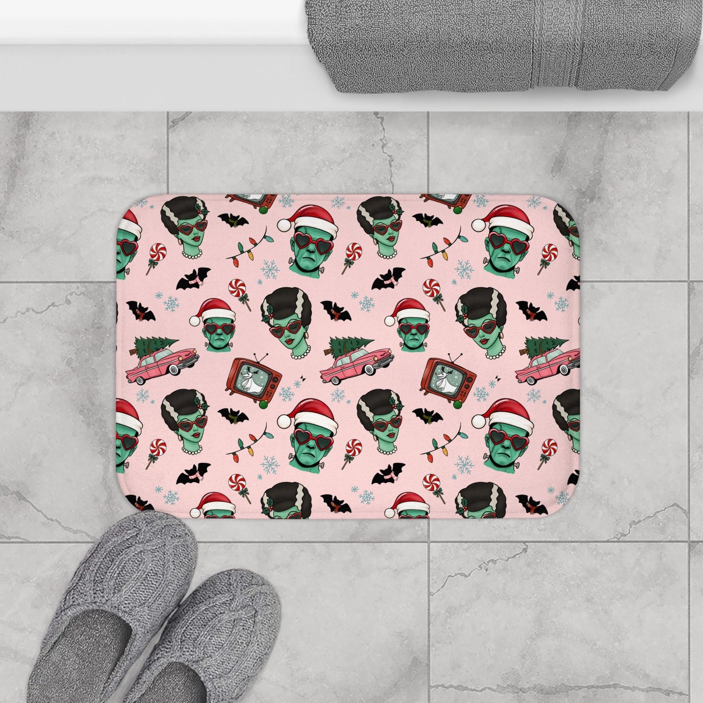 Kitsch Christmas Monsters Bath Mat | Holiday Frankenstein & Bride Pattern