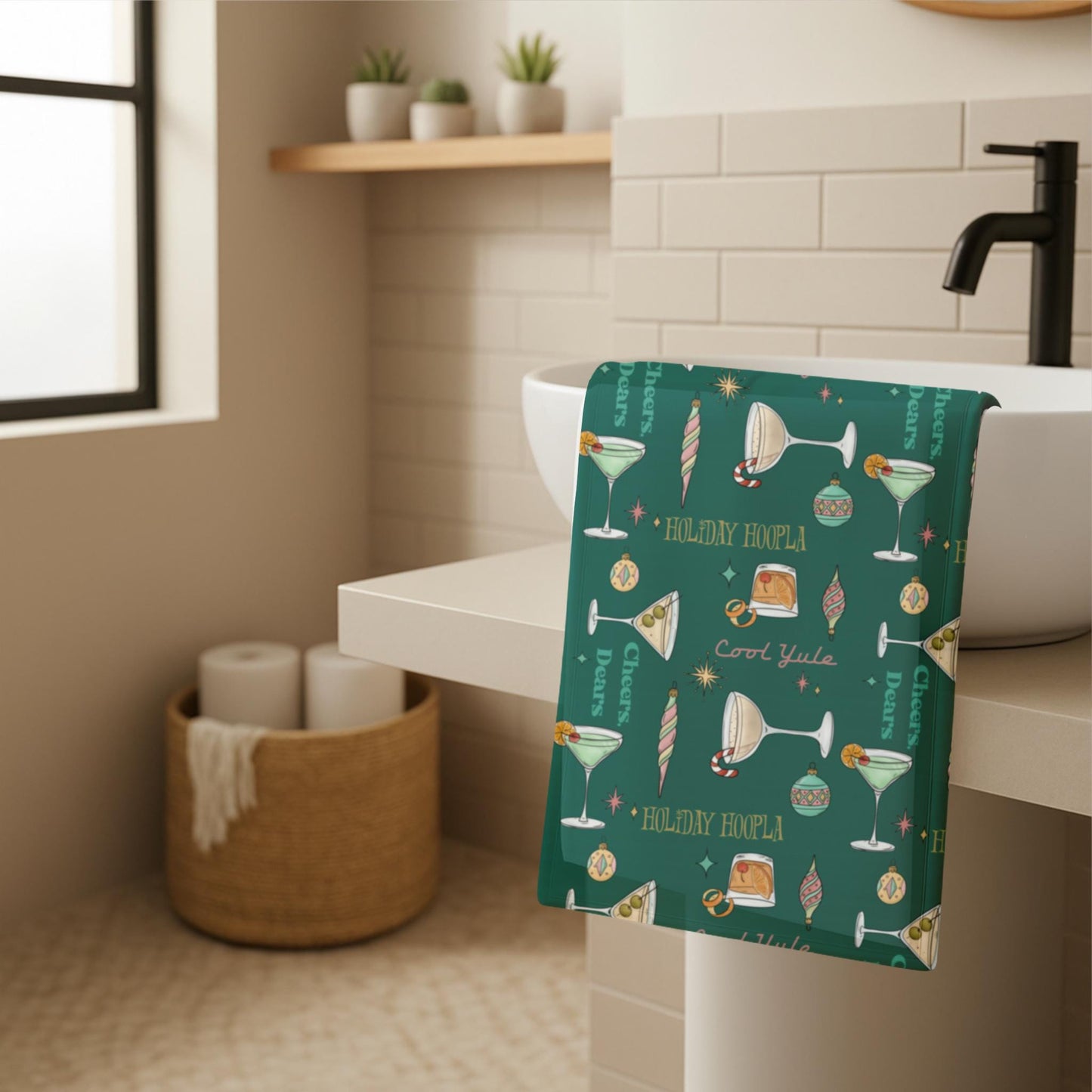 Holiday Cocktail Hand Towel: Mid-Century Martini Print Kitchen Decor