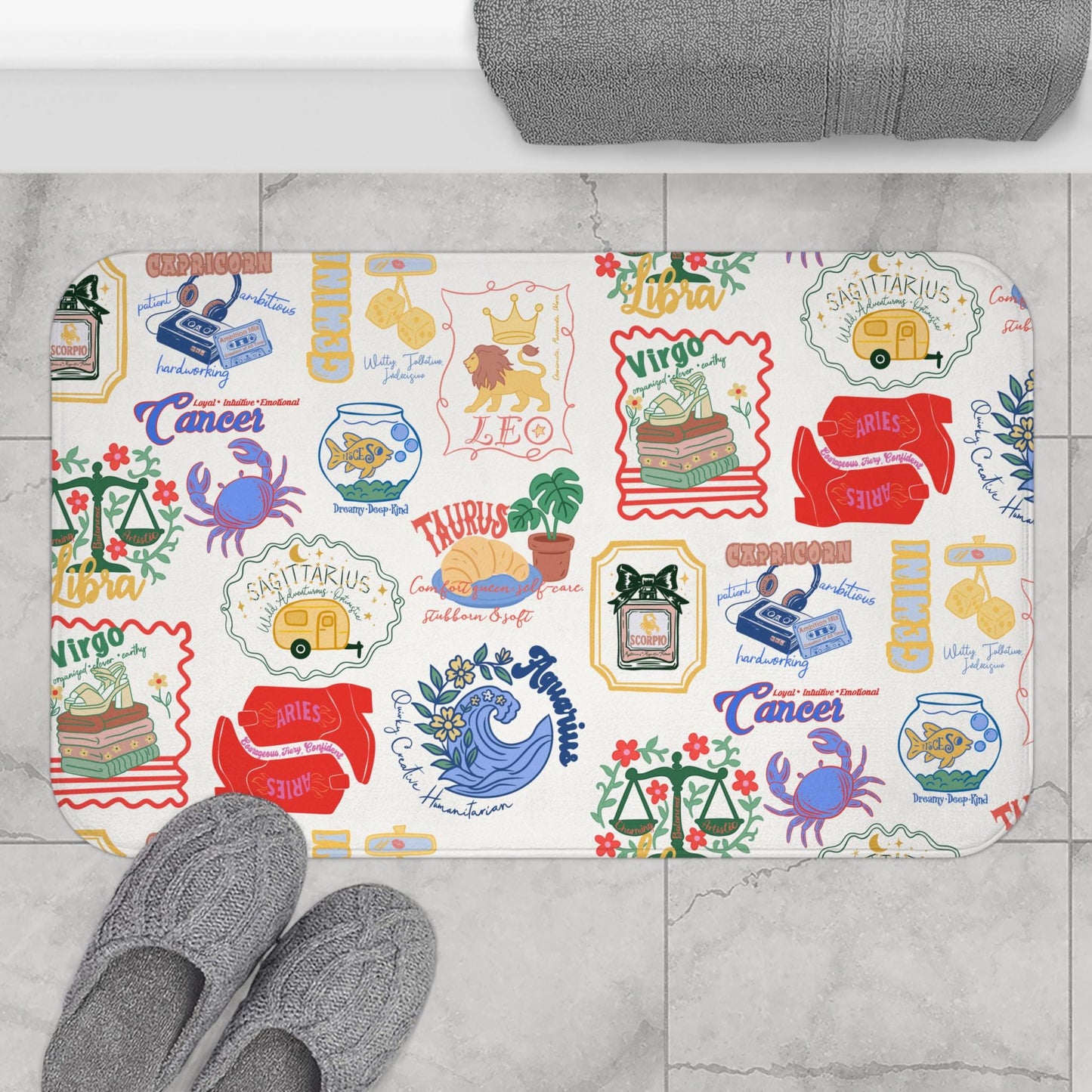 Boho Zodiac Bath Mat | Hand-Drawn Astrology Bathroom Rug