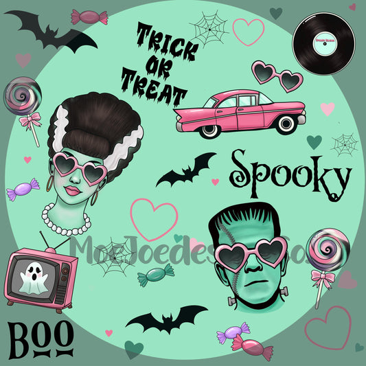 Retro Halloween Seamless Pattern | Frankenstein Couple | Spooky Cute Digital Paper | Coquette PNG Backgrounds | Green Pink Purple