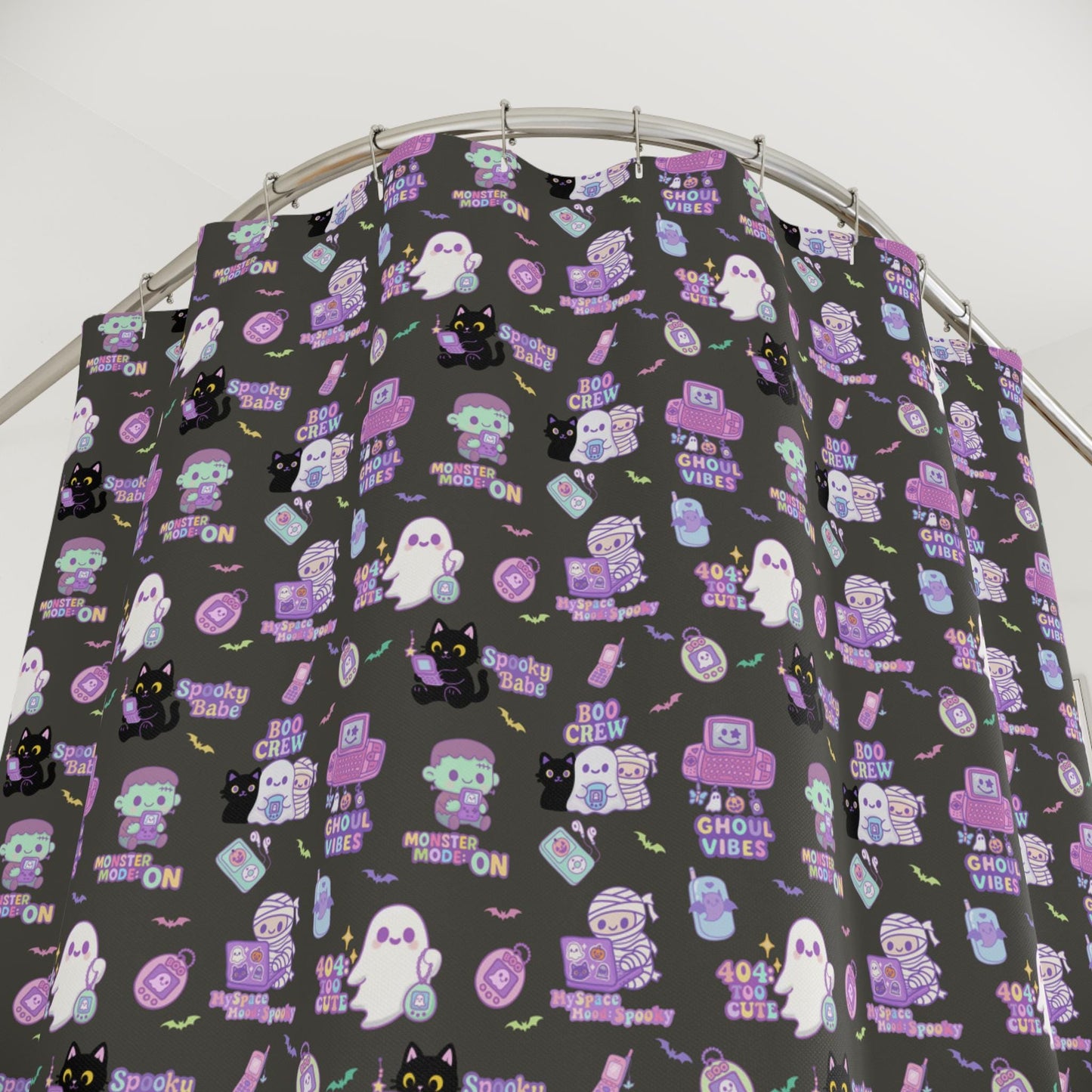 Whimsical Halloween Shower Curtain: Ghosts & Cats Bathroom Decor
