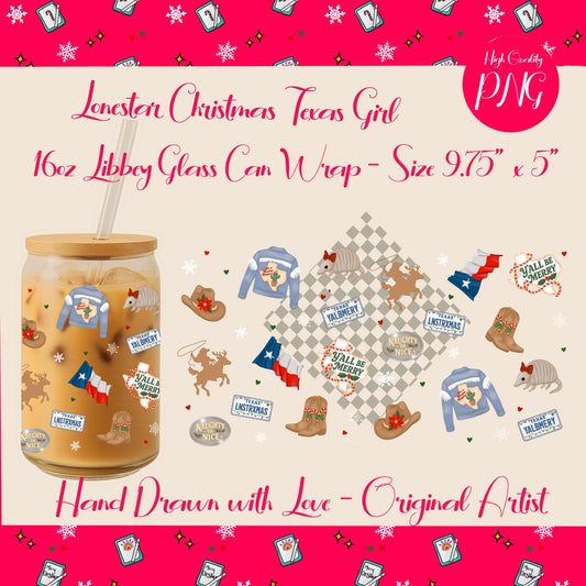Texas Christmas PNG: Pink Denim 16oz Libbey Can Wrap (Digital Download)