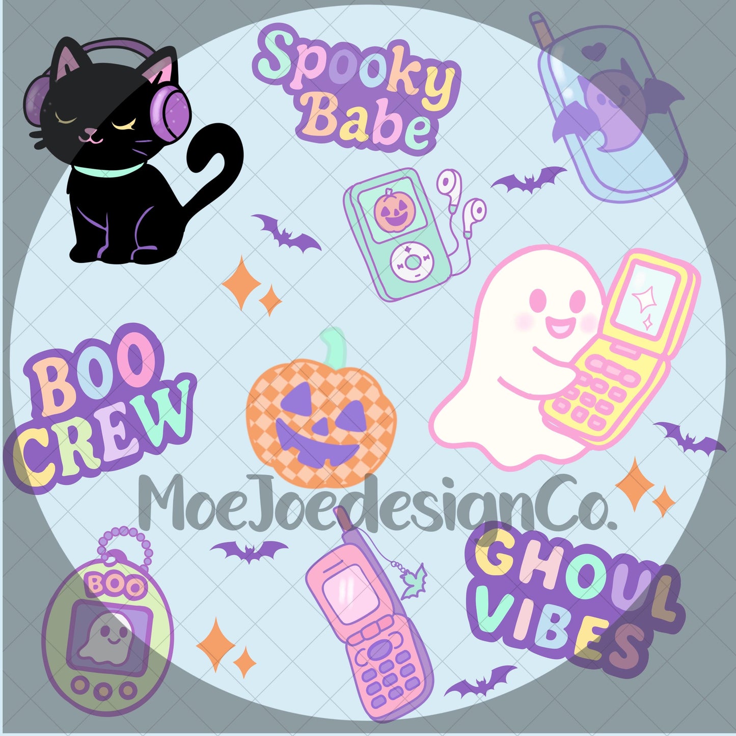 Y2K Pastel Halloween Seamless Pattern – Pink, Purple, Blue | Cute Ghosts, Bats, Vintage Tech | Digital Download