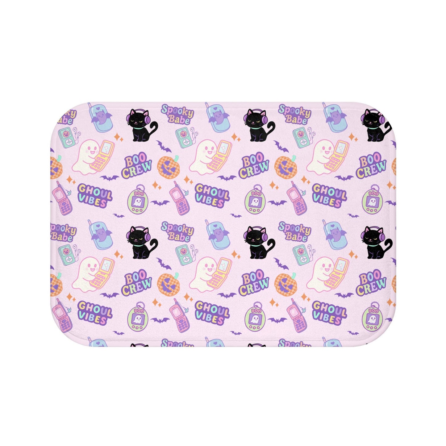 Y2K Retro Tech Bath Mat: Halloween Monsters, Tamagotchi, Sidekick Phones
