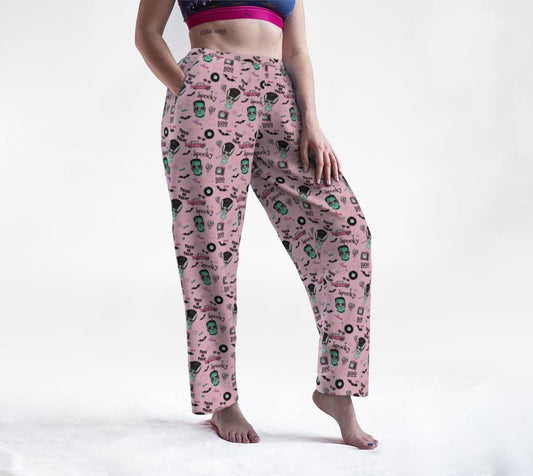 Pink monster Lounge Pants – Spooky Cute Halloween Pajamas | Retro Horror Print Joggers, Bride of Frankenstein Sleep Pants, Cozy Art of Where