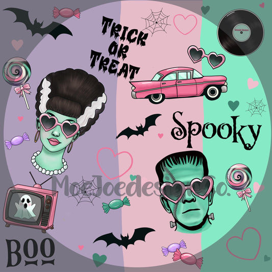 Retro Halloween Seamless Pattern | Frankenstein Couple | Spooky Cute Digital Paper | Coquette PNG Backgrounds | Green Pink Purple
