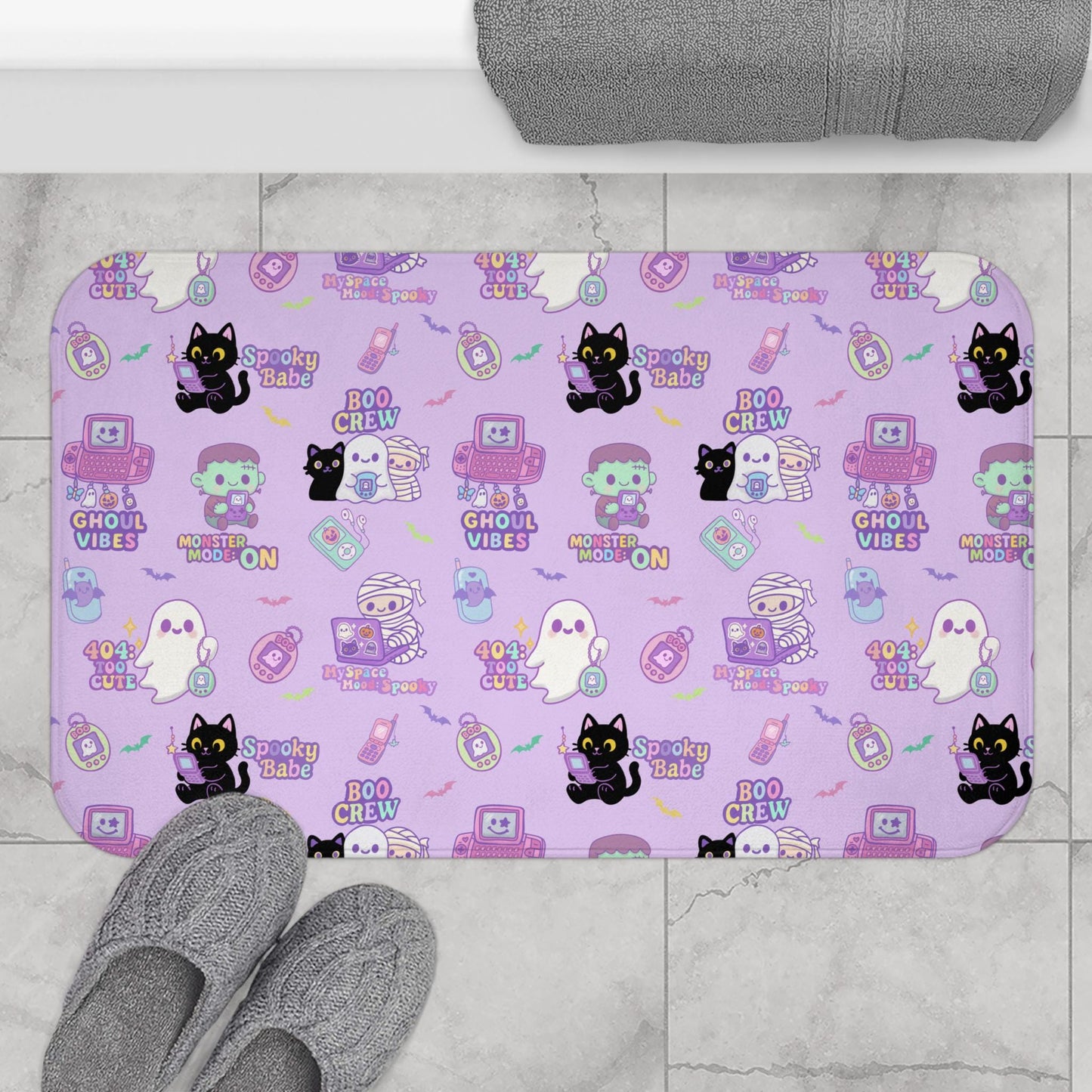 Y2K Gameboy Bath Mat: Pastel Frankenstein Mummy, Non-Slip Memory Foam