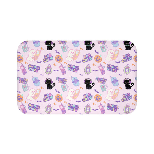Y2K Retro Tech Bath Mat: Halloween Monsters, Tamagotchi, Sidekick Phones