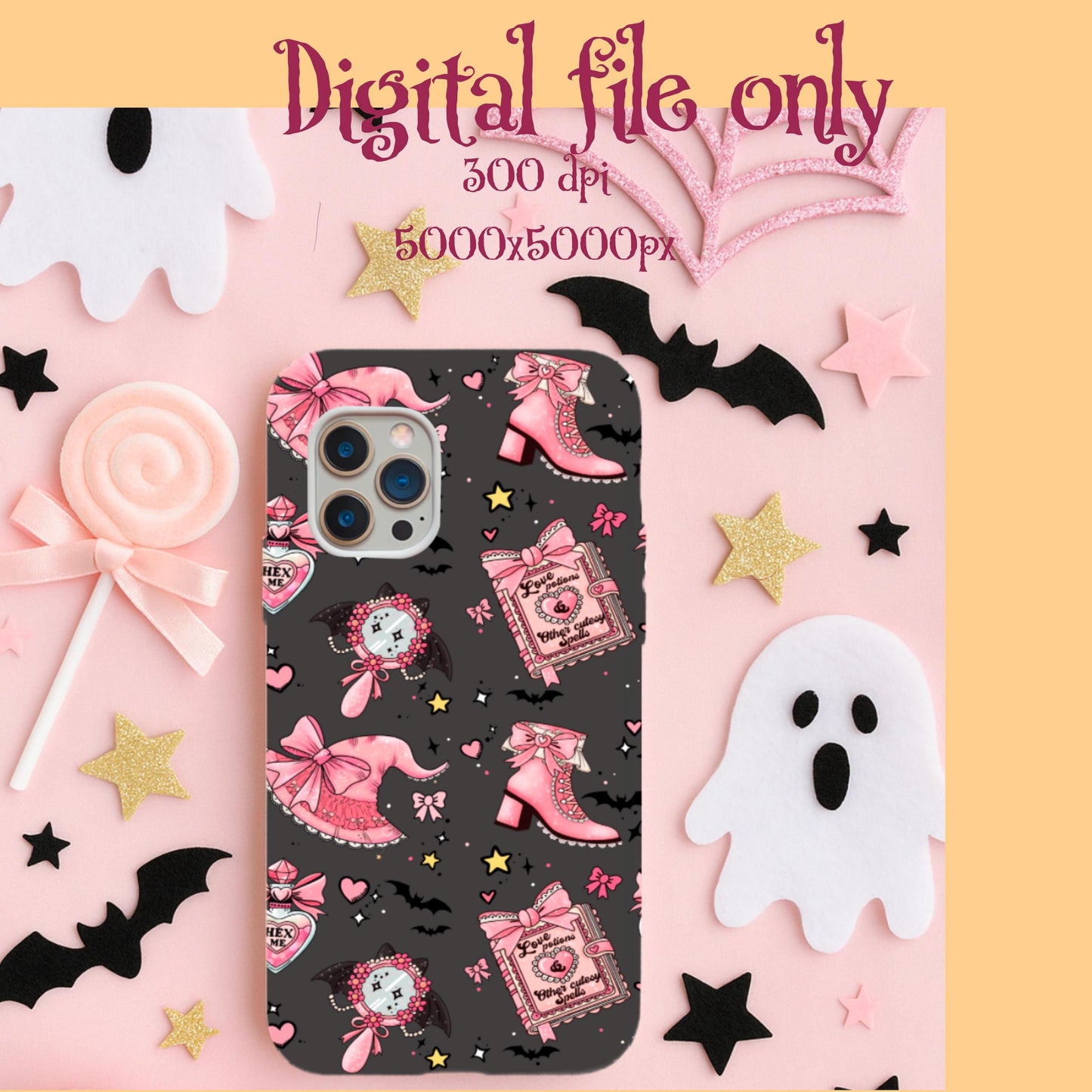 Coquette Witch Seamless Pattern: Pink Kawaii Halloween PNG Design