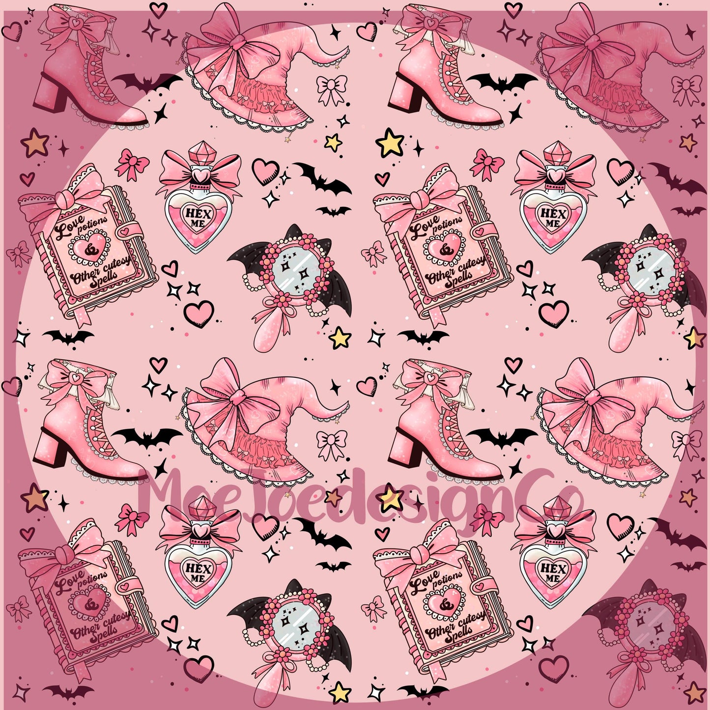 Coquette Witch Seamless Pattern: Pink Kawaii Halloween PNG Design