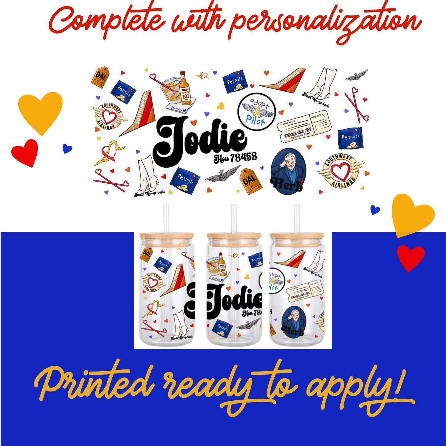 LUV Airline Glass Can Wrap Sticker: Southwest Inspired Aviation Decal