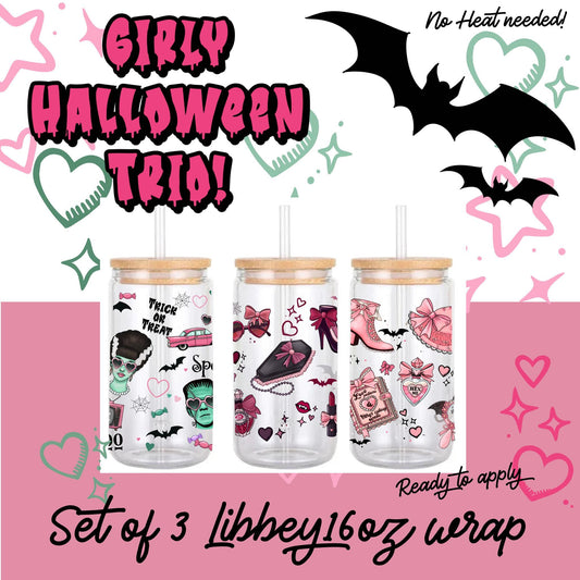 Girlie Halloween UV DTF Cup Wrap Bundle: Glam Goth, Witchy, Retro Designs