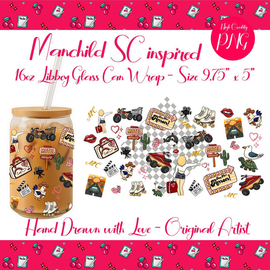 Manchild Glass Can Wrap – Sabrina Carpenter Inspired, Quirky Retro Kawaii Tumbler Desig