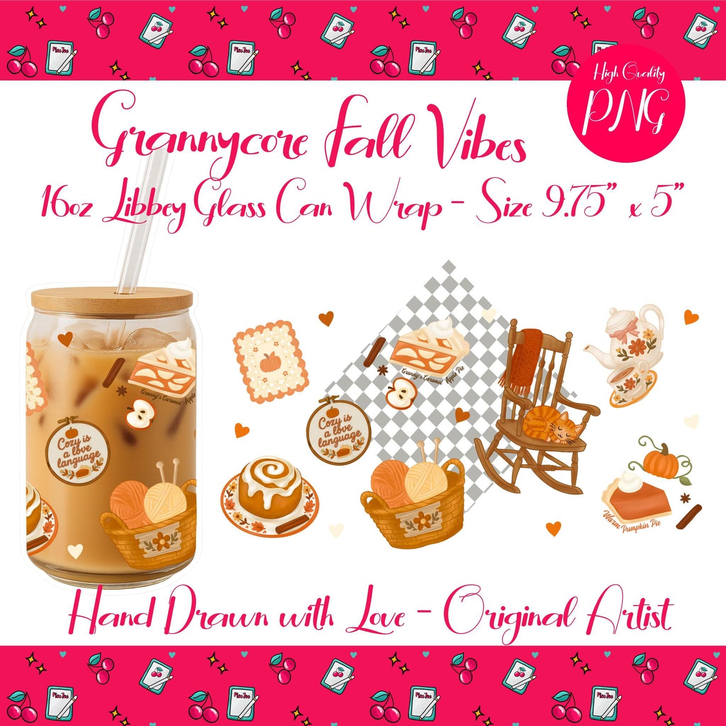 Grannycore Fall Vibes | 16oz Libbey Glass Can Wrap PNG | Cozy Autumn Cat & Tea Pattern