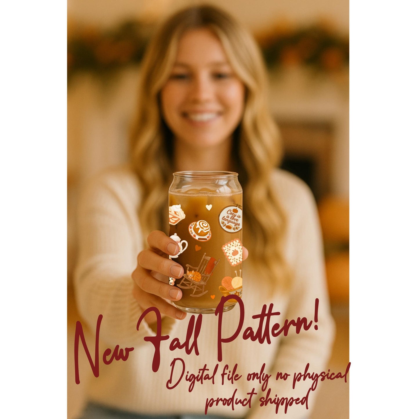 Grannycore Fall Vibes | 16oz Libbey Glass Can Wrap PNG | Cozy Autumn Cat & Tea Pattern