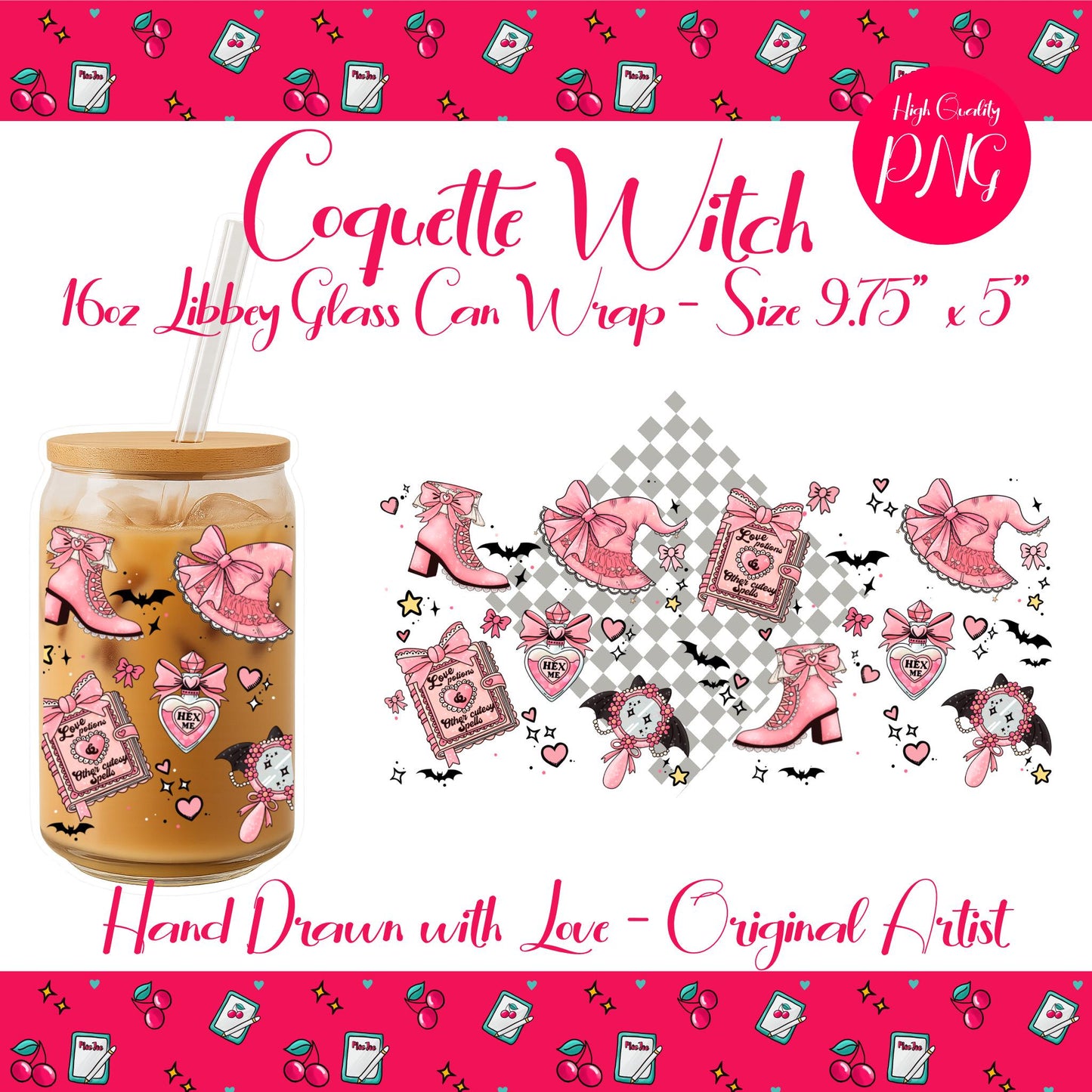 Coquette Witch 16oz Libbey Can Wrap: Pink Halloween Potion (Digital PNG)