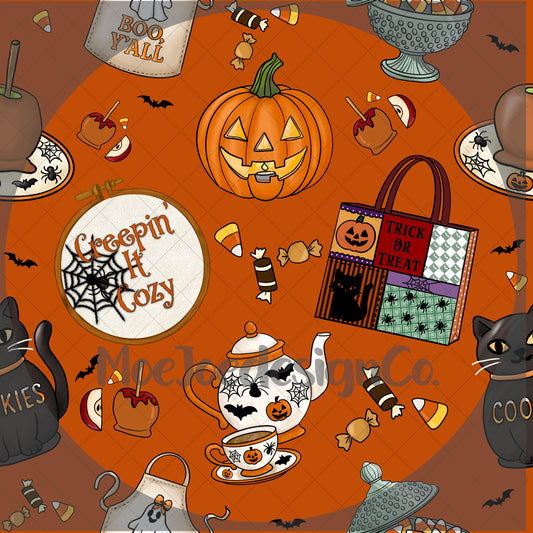 Grannycore Halloween Seamless Pattern – Vintage Spooky Print (Digital Download)