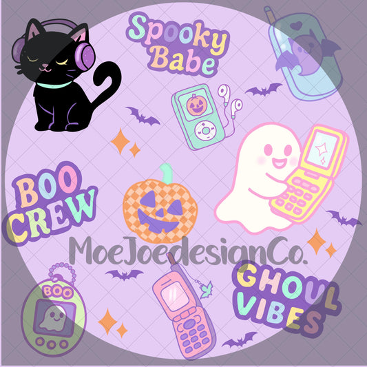 Y2K Pastel Halloween Seamless Pattern – Pink, Purple, Blue | Cute Ghosts, Bats, Vintage Tech | Digital Download