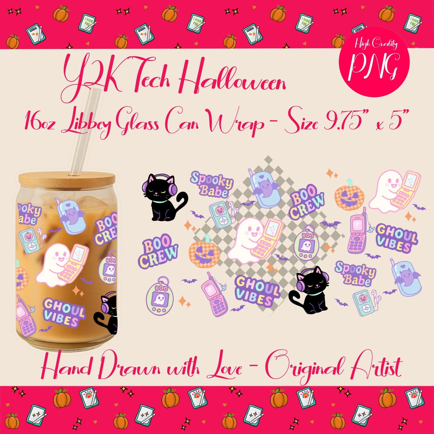 Y2K Pastel Halloween Seamless Pattern – Pink, Purple, Blue | Cute Ghosts, Bats, Vintage Tech | Digital Download