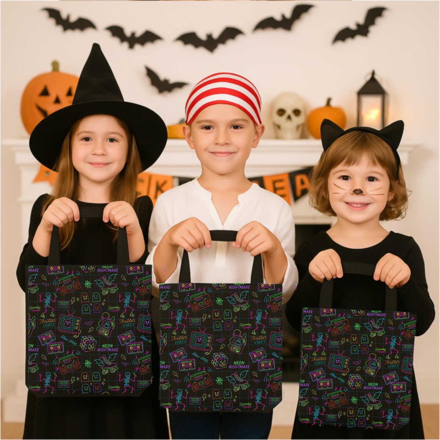 Retro 80s Neon Halloween Tote Bag: Trick or Treat Party Carryall