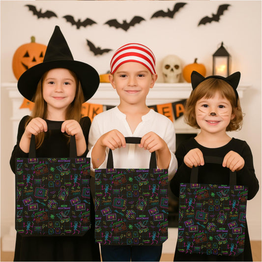 Retro 80s Neon Halloween Tote Bag: Trick or Treat Party Carryall