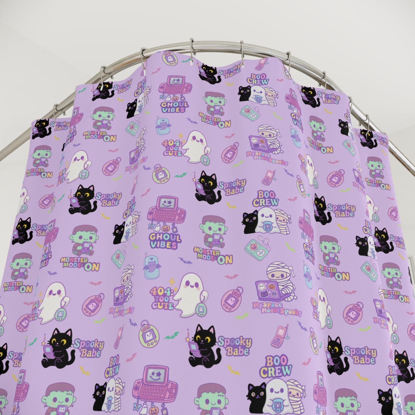 Kawaii Halloween Shower Curtain: Y2K Retro Tech Pastel Print