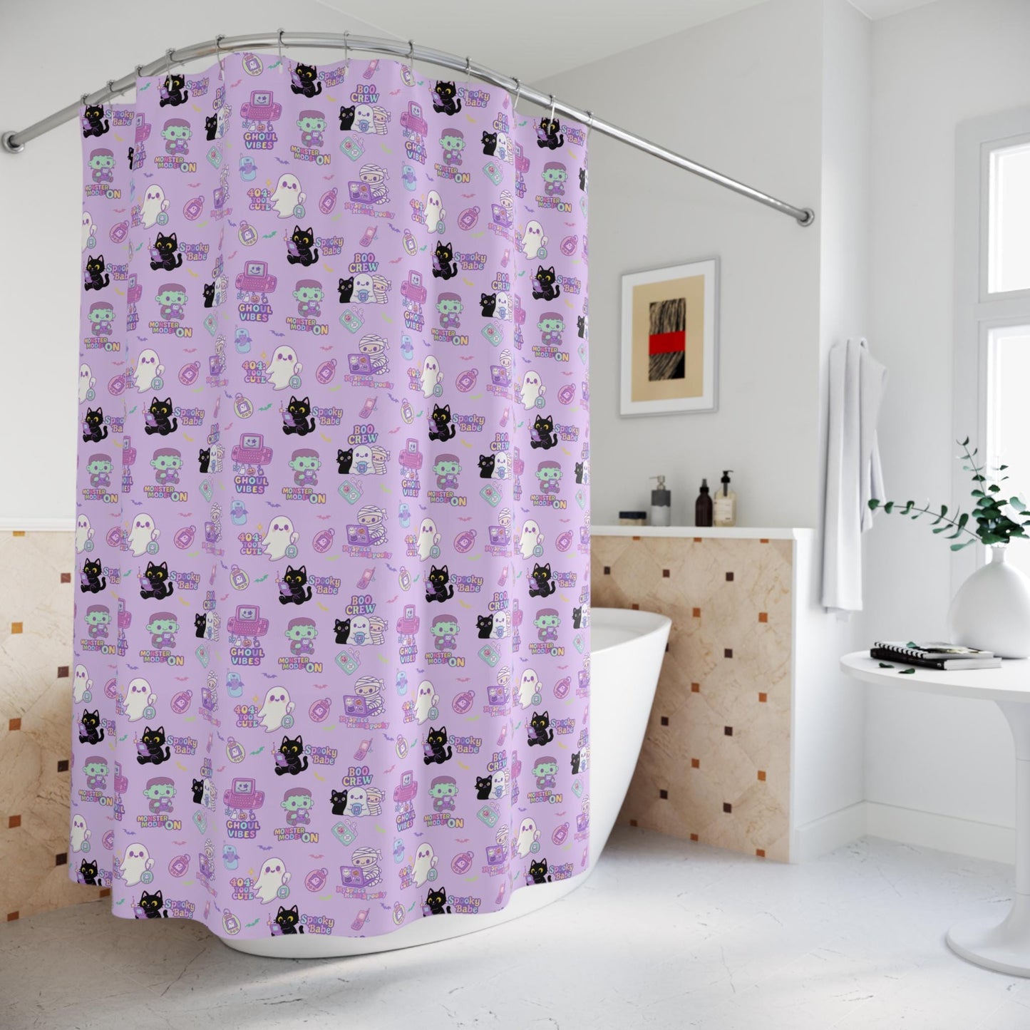 Kawaii Halloween Shower Curtain: Y2K Retro Tech Pastel Print