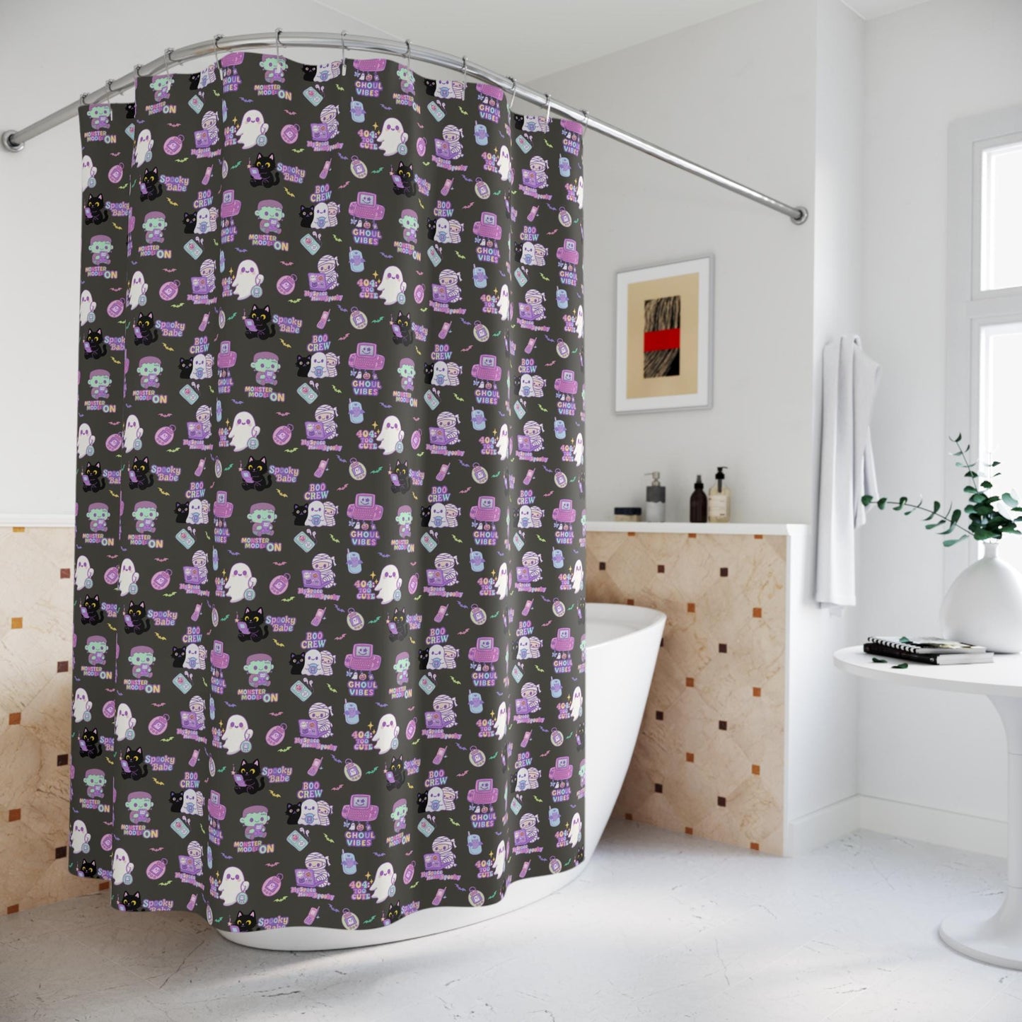 Whimsical Halloween Shower Curtain: Ghosts & Cats Bathroom Decor