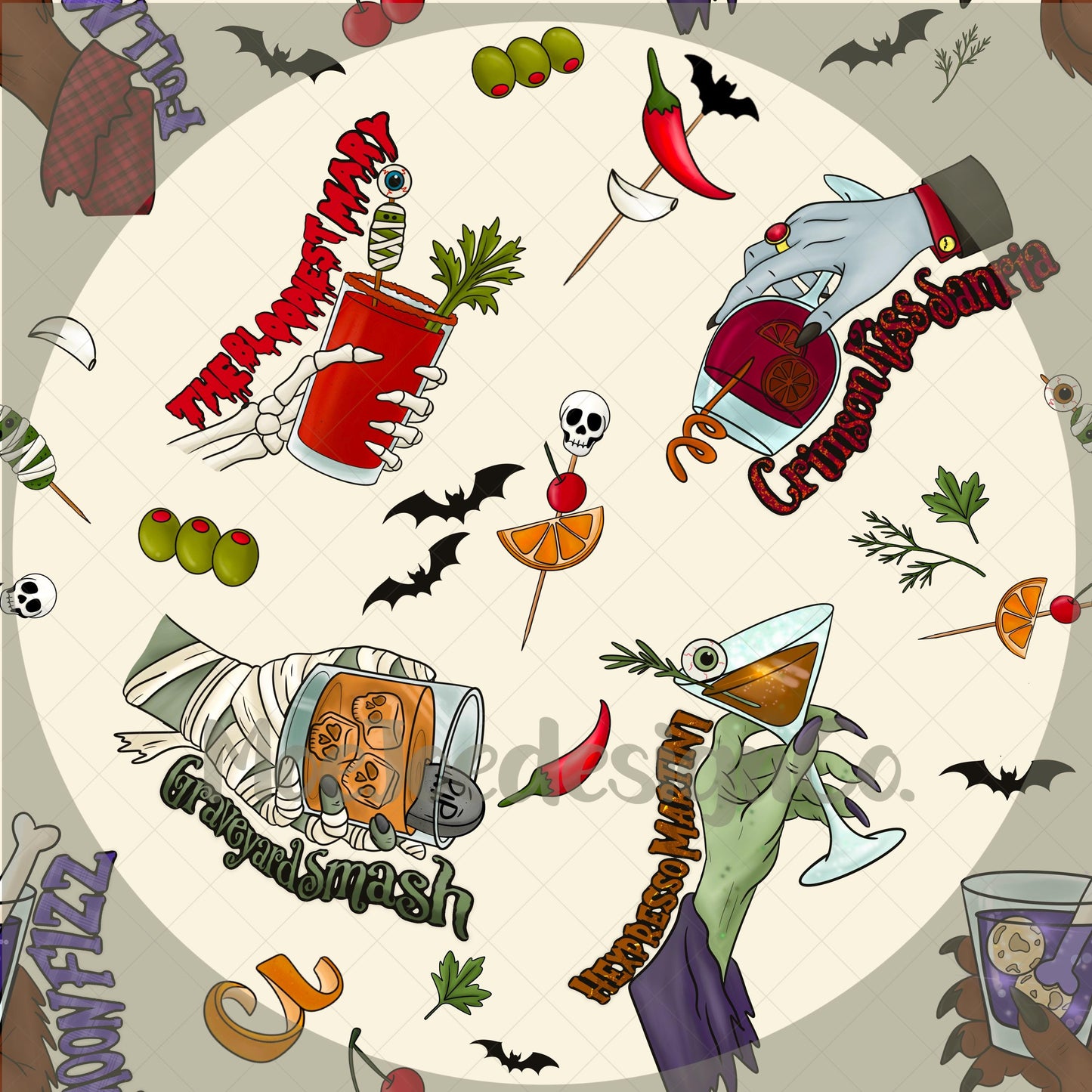 Creepy Cocktail Party Halloween Pattern: Spooky Monster Drinks (Digital Paper)