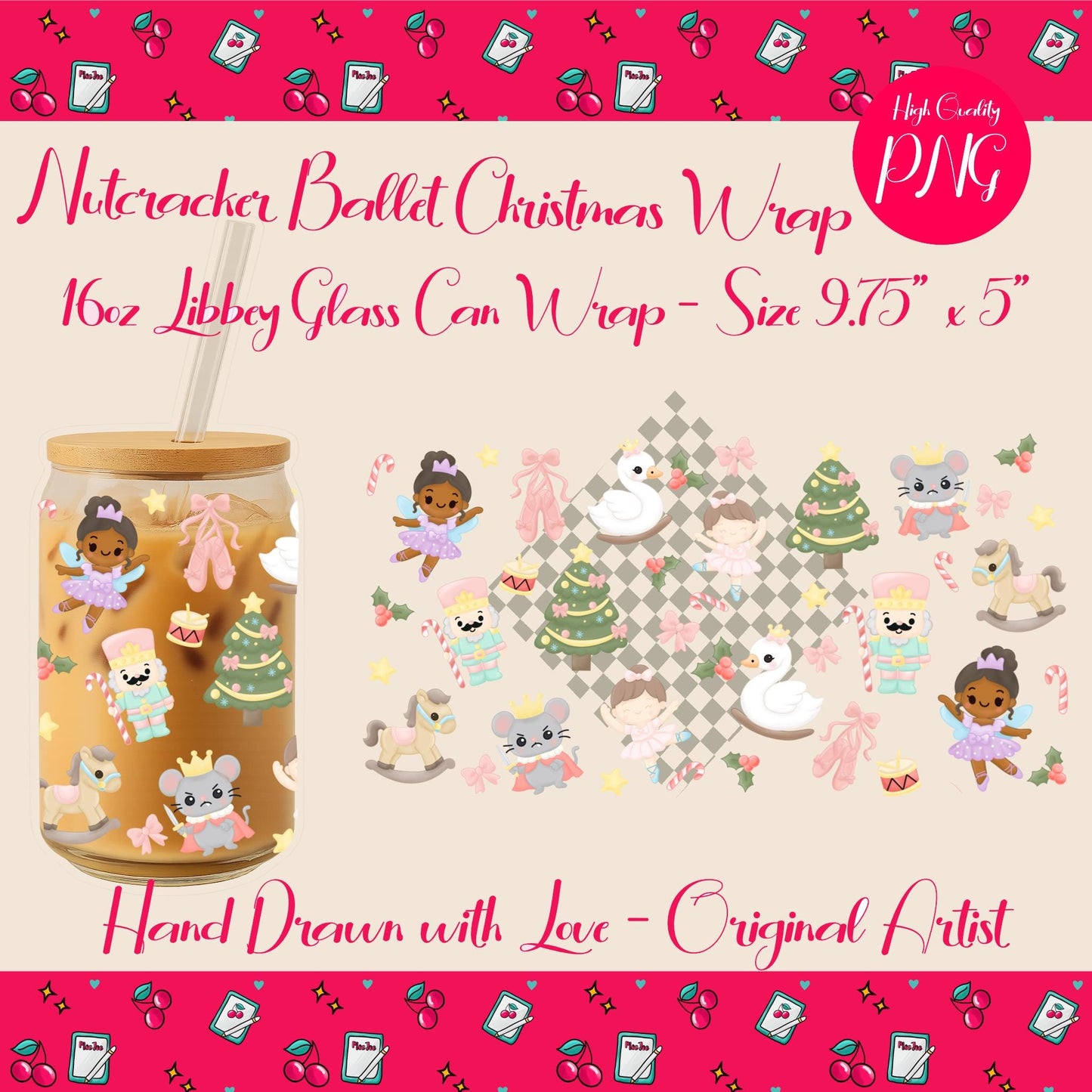 Nutcracker Ballerina Christmas Tumbler Wrap: Hand-Drawn Holiday PNG (9.75 x 5 in)