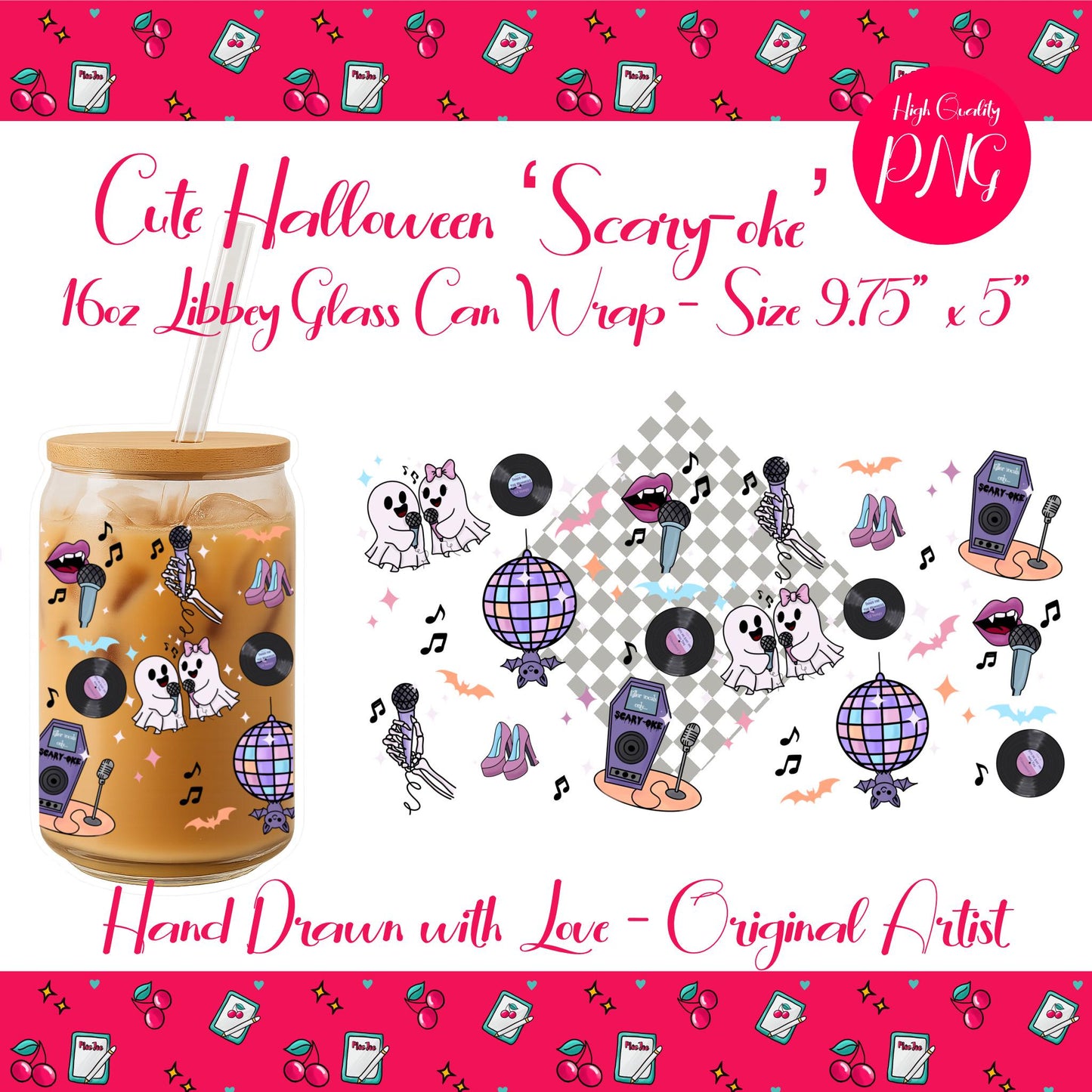 Scaryoke Halloween Glass Can Wrap: Ghosts, Disco Bat, Spooky Mic (Digital Download)