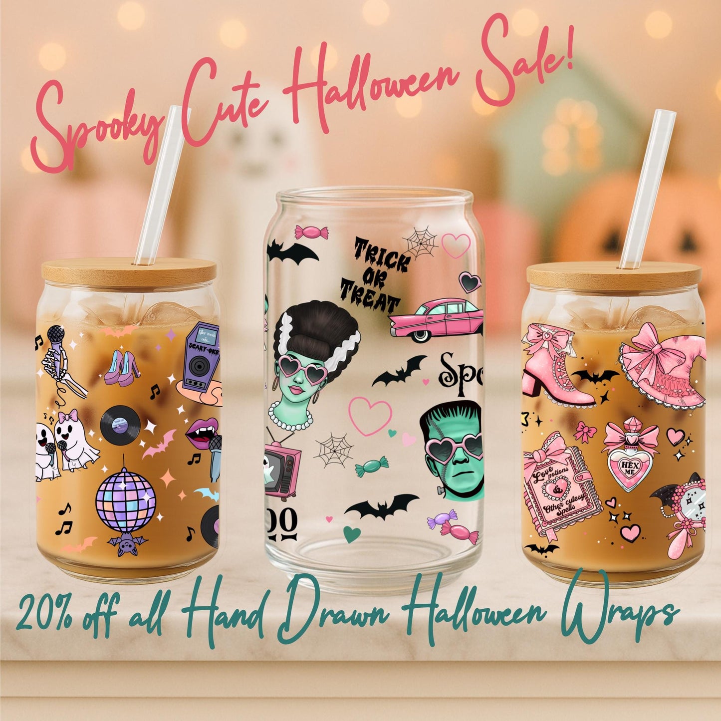 Scaryoke Halloween Glass Can Wrap: Ghosts, Disco Bat, Spooky Mic (Digital Download)