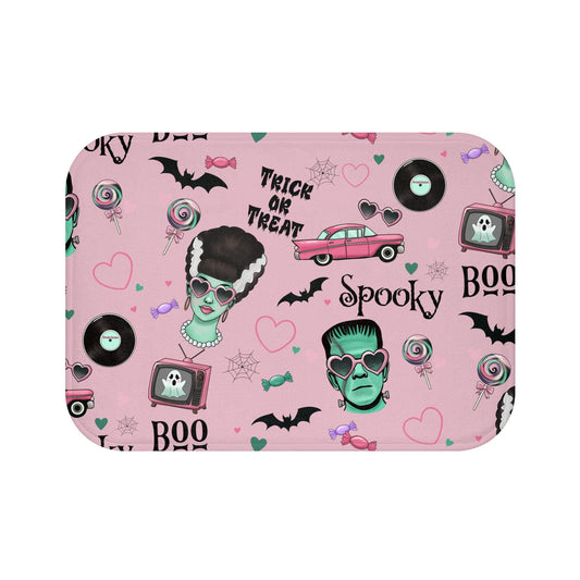 Retro Frankenstein Bath Mat: Pink Halloween Rockabilly Bathroom Decor