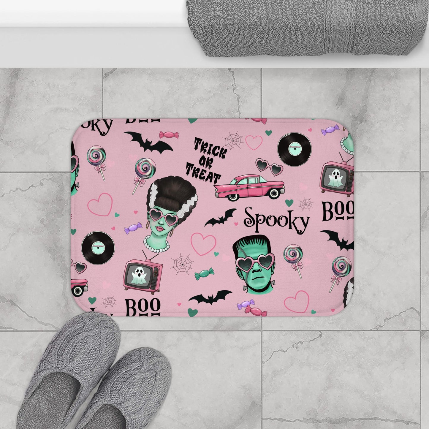 Retro Frankenstein Bath Mat: Pink Halloween Rockabilly Bathroom Decor
