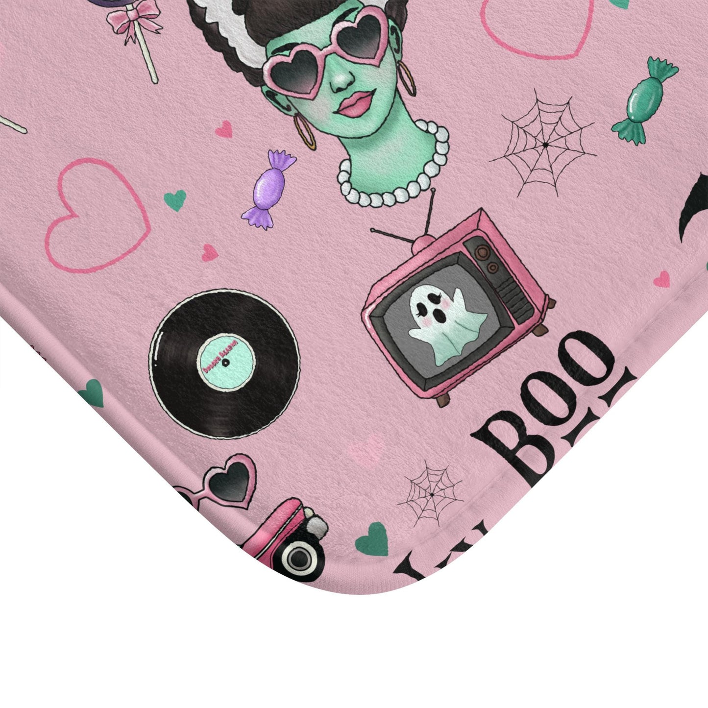 Retro Frankenstein Bath Mat: Pink Halloween Rockabilly Bathroom Decor