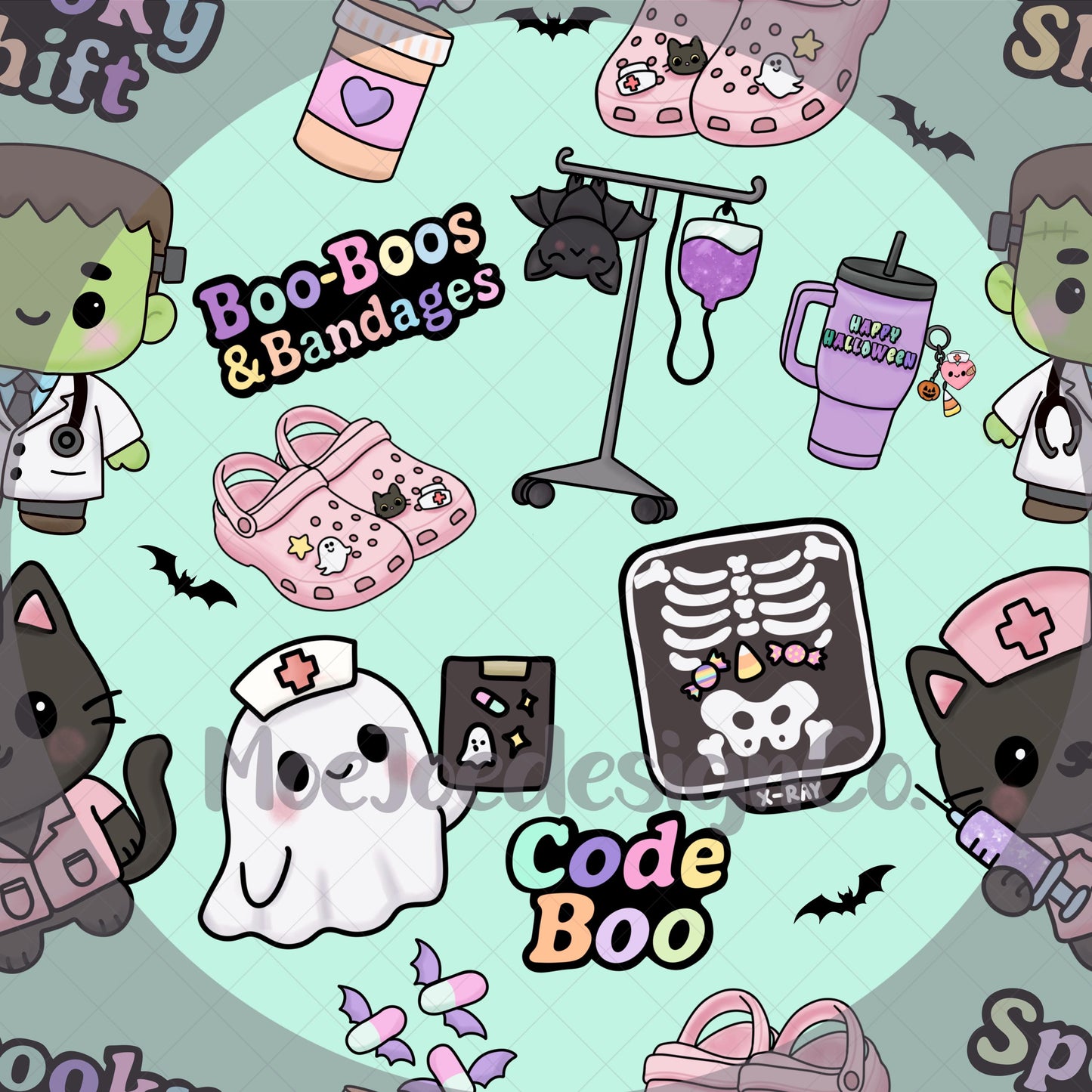 Pastel Halloween Nurse Seamless Pattern: Kawaii Spooky Digital Download