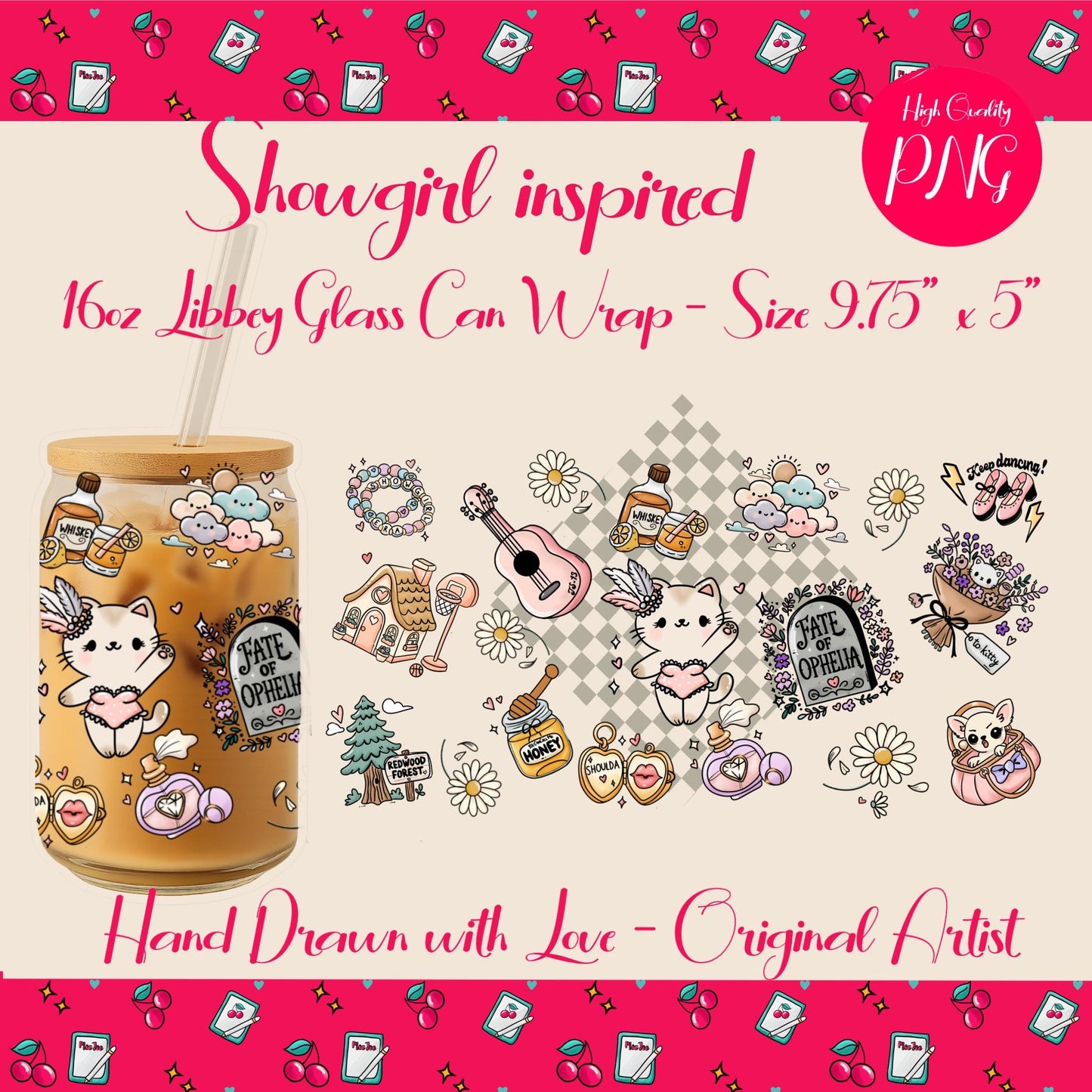 Showgirl Glass Can Wrap PNG | Retro Doodle, Libbey 16oz (Digital Download)