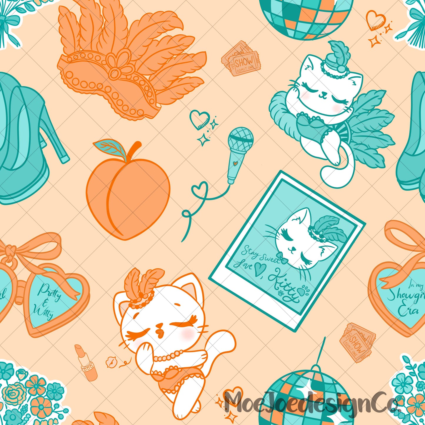 Show Kitty Seamless Pattern: Pastel Cat Doodle Glam Fabric Print (PNG Digital Download)