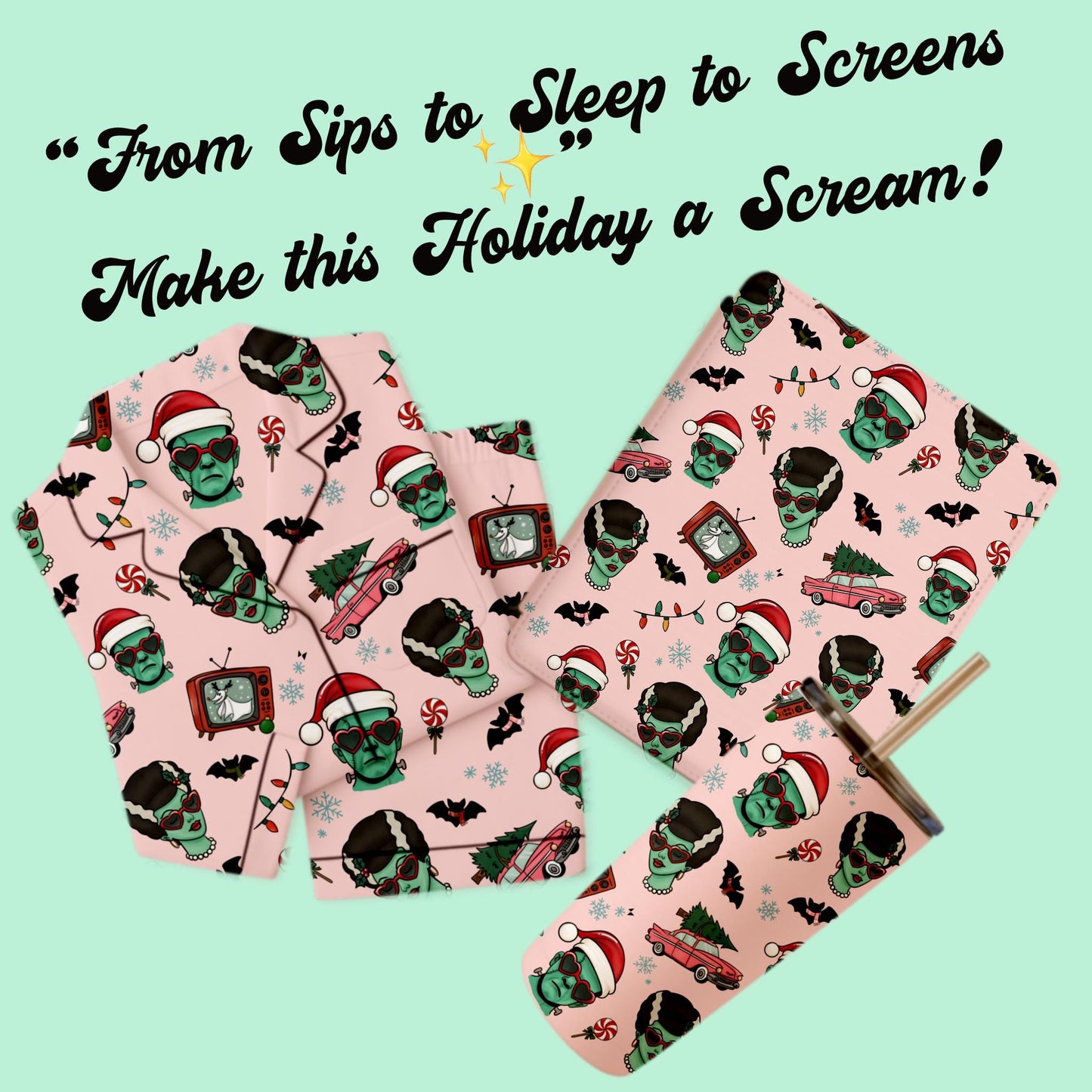 Christmas Frankenstein & Bride Seamless Pattern | Retro Rockabilly (Digital Download)