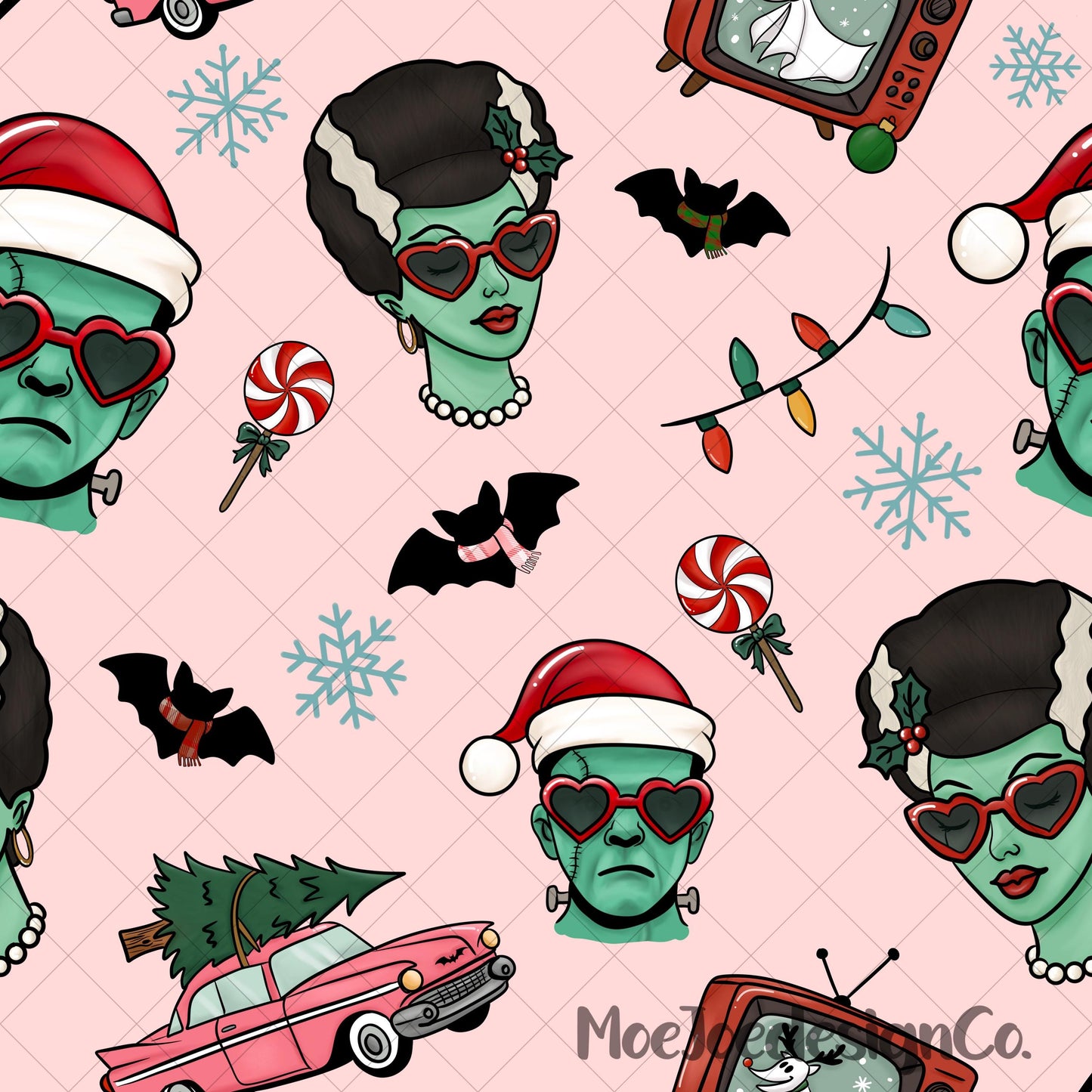 Christmas Frankenstein & Bride Seamless Pattern | Retro Rockabilly (Digital Download)
