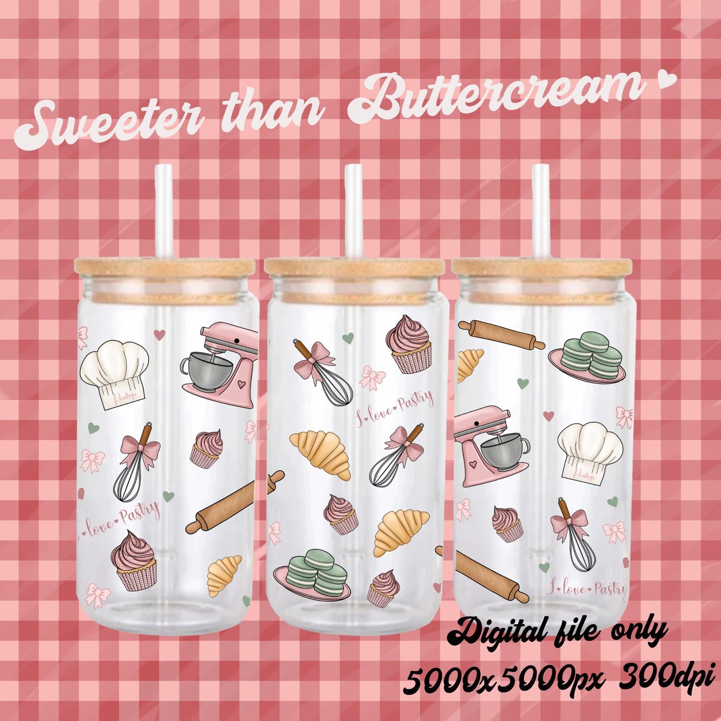 Pastel Bakery Tumbler Wrap: Kawaii Macarons, Cupcakes (16oz Libbey Glass Can) (Digital Download)