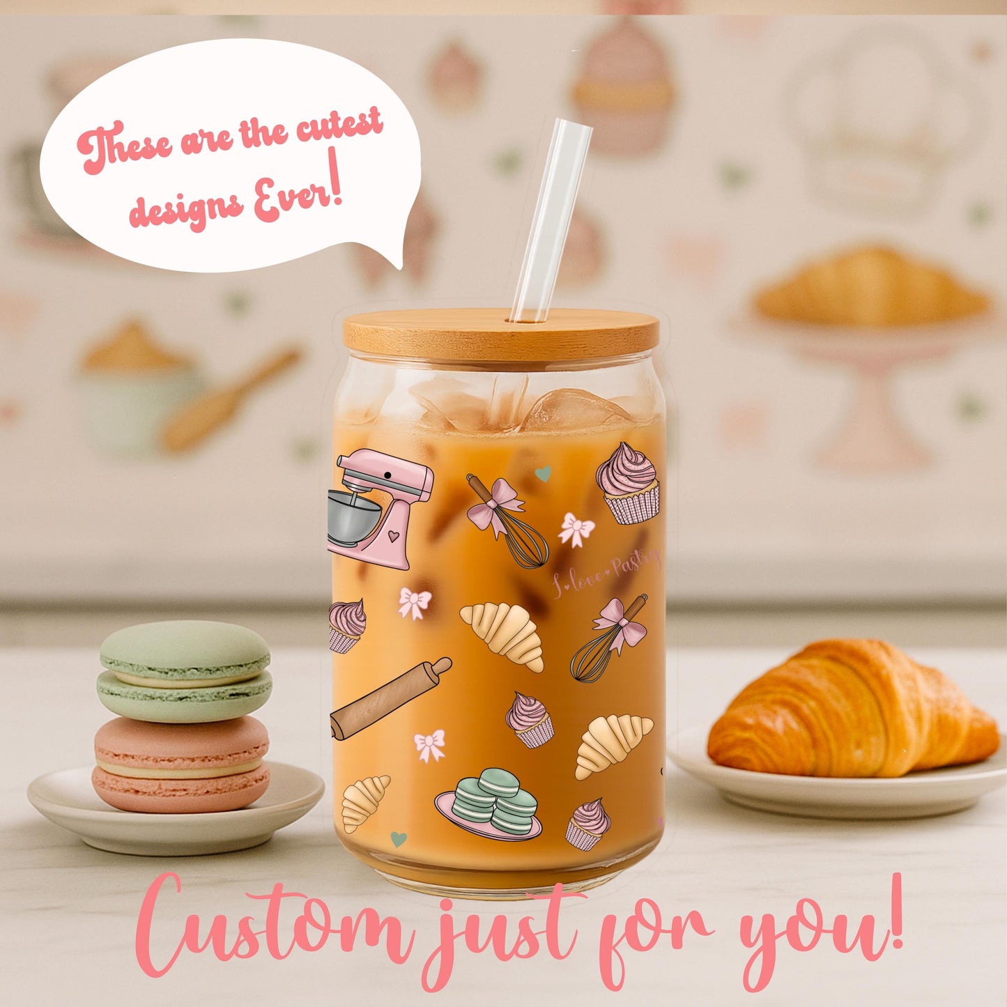 Pastel Bakery Tumbler Wrap: Kawaii Macarons, Cupcakes (16oz Libbey Glass Can) (Digital Download)
