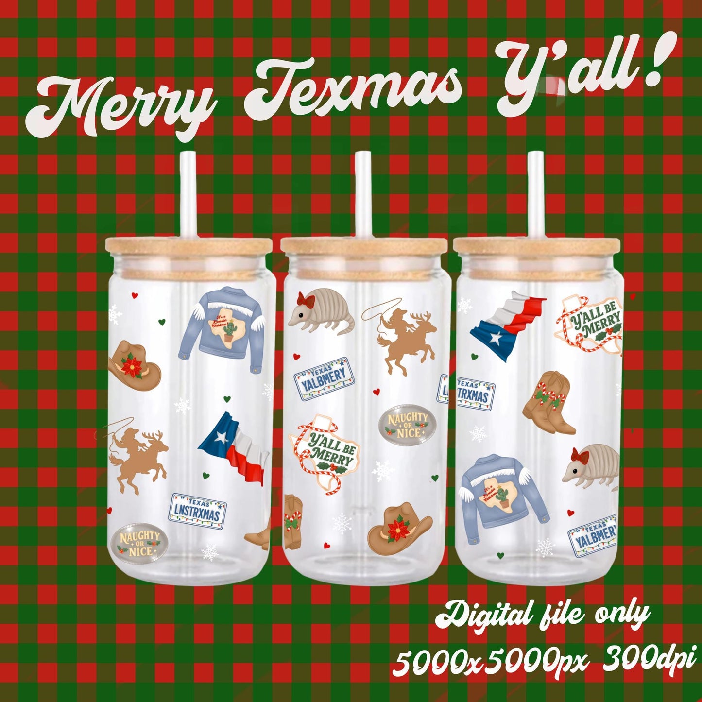 Texas Christmas PNG: Pink Denim 16oz Libbey Can Wrap (Digital Download)