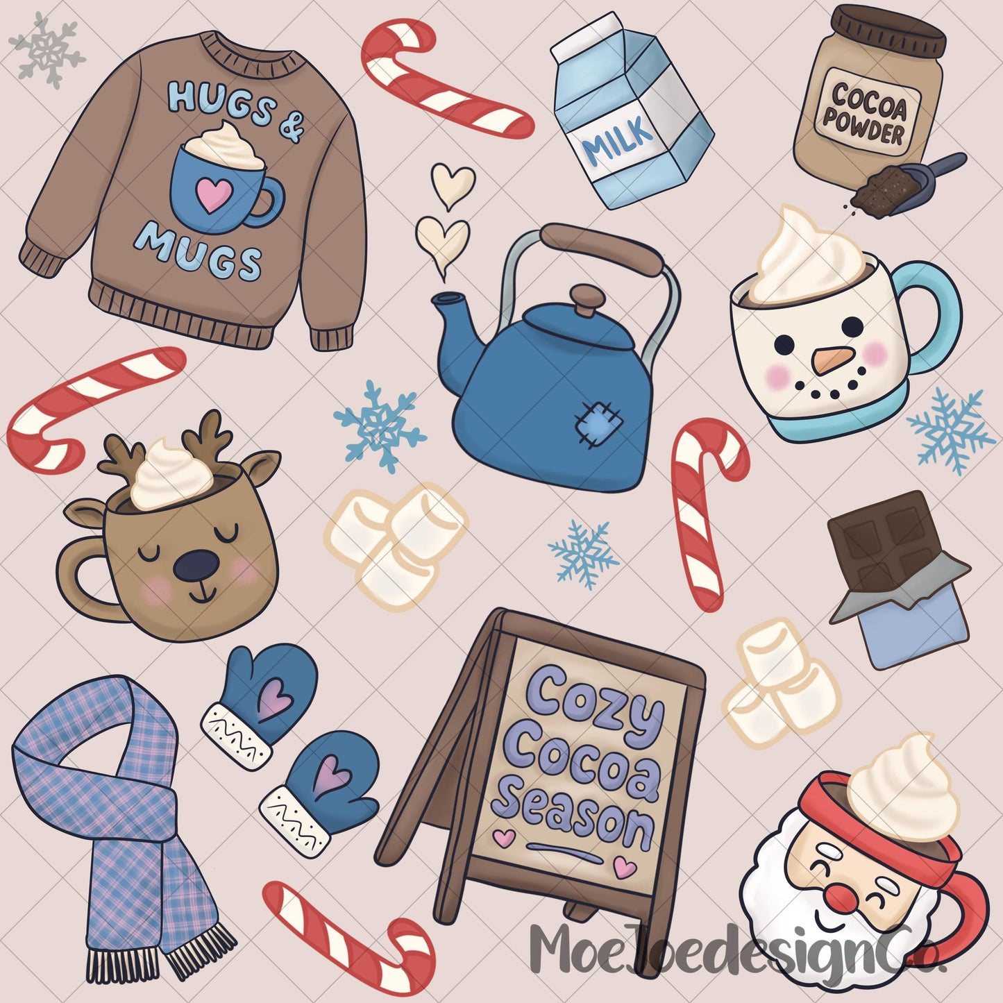 Christmas Cocoa Seamless Pattern – Holiday Doodle Clipart (PNG)