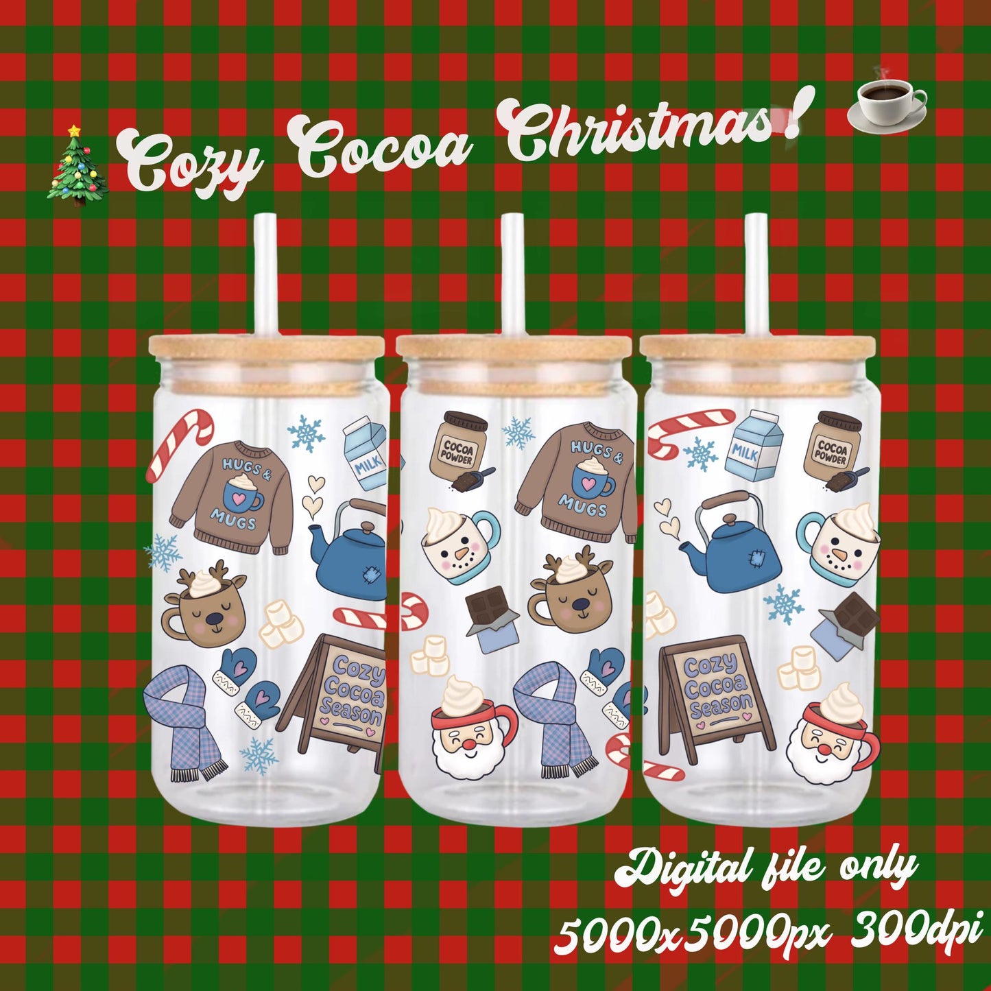 Cozy Cocoa Christmas 16oz Libbey Can Wrap – Hand Drawn PNG